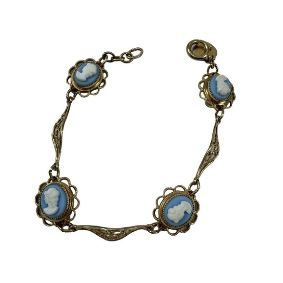 Cameo Bracelet and Earrings Set 14k Yellow Gold Overlay Filigree Link Sentiment - Picture 5 of 9